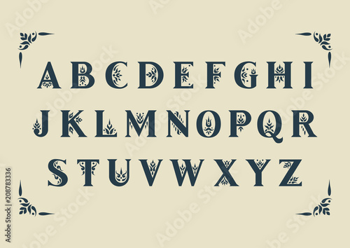 Vector decorative alphabet. Serif capital letters decorated with vintage flourishes. For initials, monograms, wedding design.