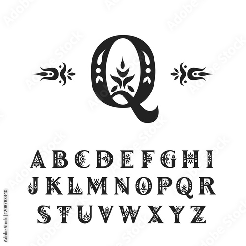 Vector decorative alphabet. Serif capital letters decorated with vintage flourishes. For initials, monograms, wedding design.