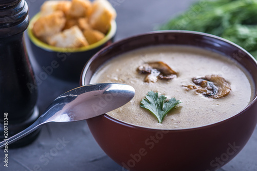 Mushroom cream soup in a brown plate on the table. Healthy vegetarian traditional dish