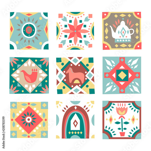 Set of hand-drawn square tiles with folk rustic patterns.