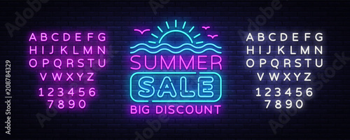 Summer Sales Neon Banner Vector. Bright Neon Advertising of Summer Discounts, Design Template, Light Banner, Bright Advertising Brochure. Vector illustration. Editing text neon sign