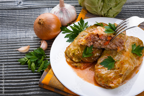 cabbage rolls on a wooden gray rustic background