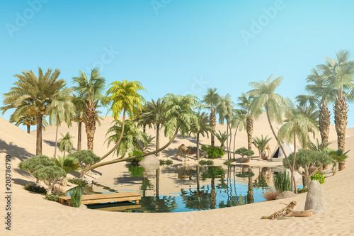 Oasis and Palm Trees in Desert and Traveler Camps, 3D Rendering
