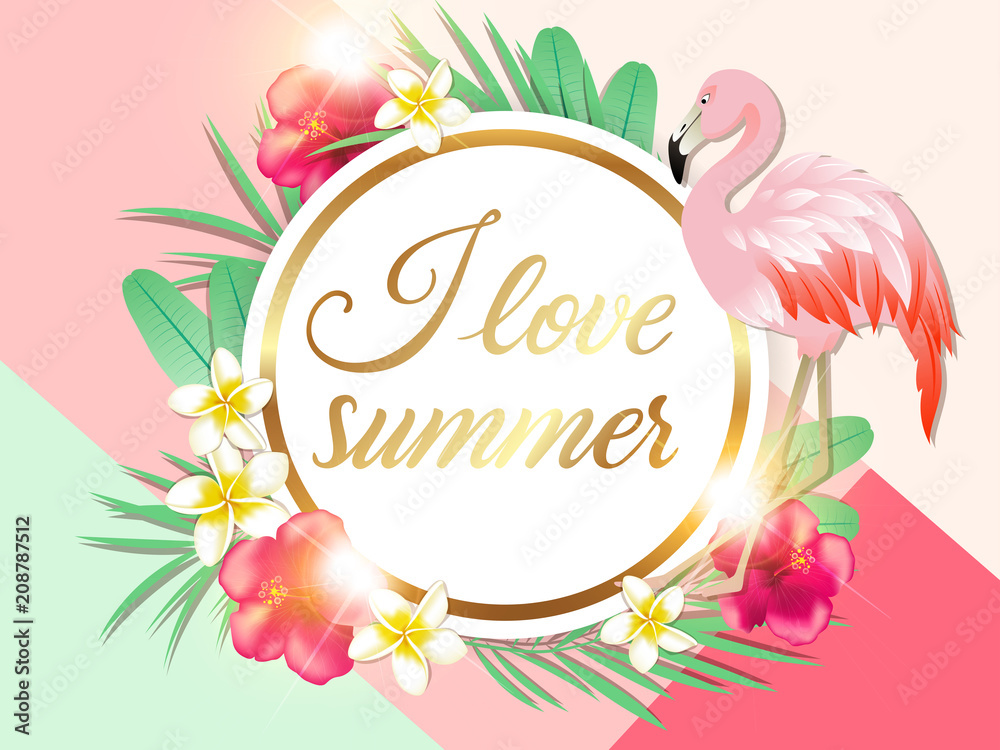 Fototapeta Tropical background with palm leaves and pink flamingo