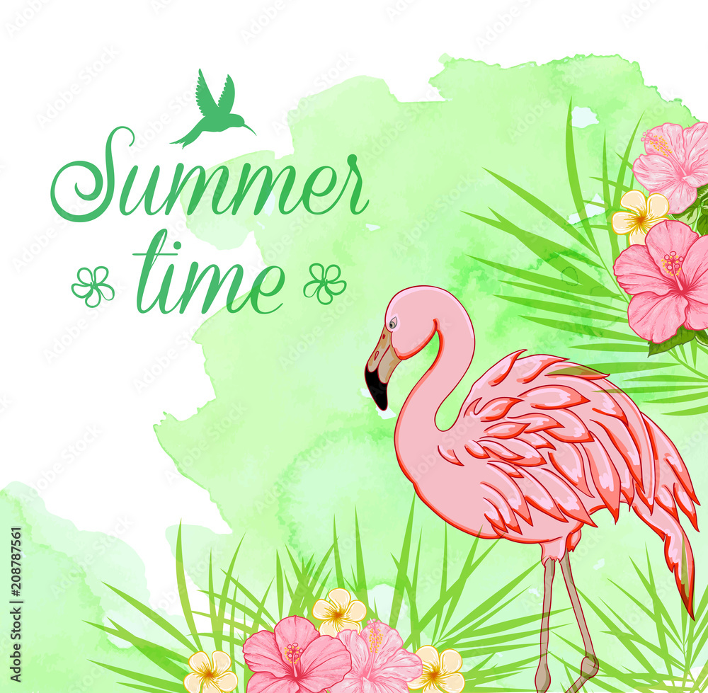 Fototapeta premium Green watercolor background with flamingo