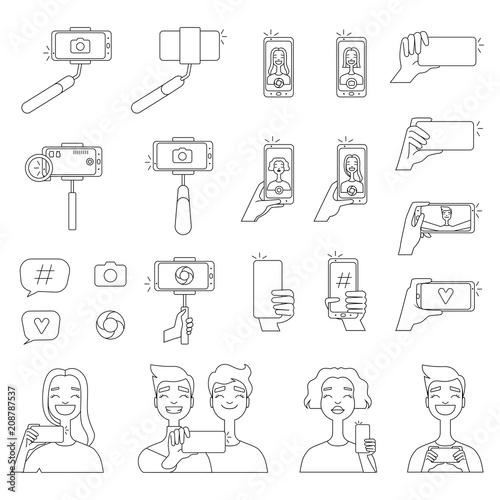 Mono line pictures of various tools for self photography. Selfie concept illustrations
