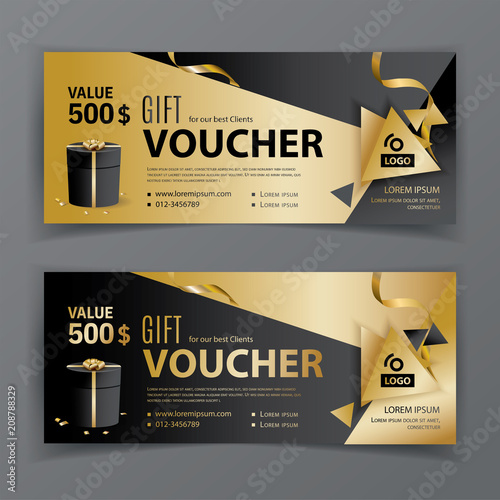 Vector gift voucher template. Universal flyer for business. Luxury vector design, black gold design elements. Gift voucher value 500 dollars for department stores, business. Abstract background