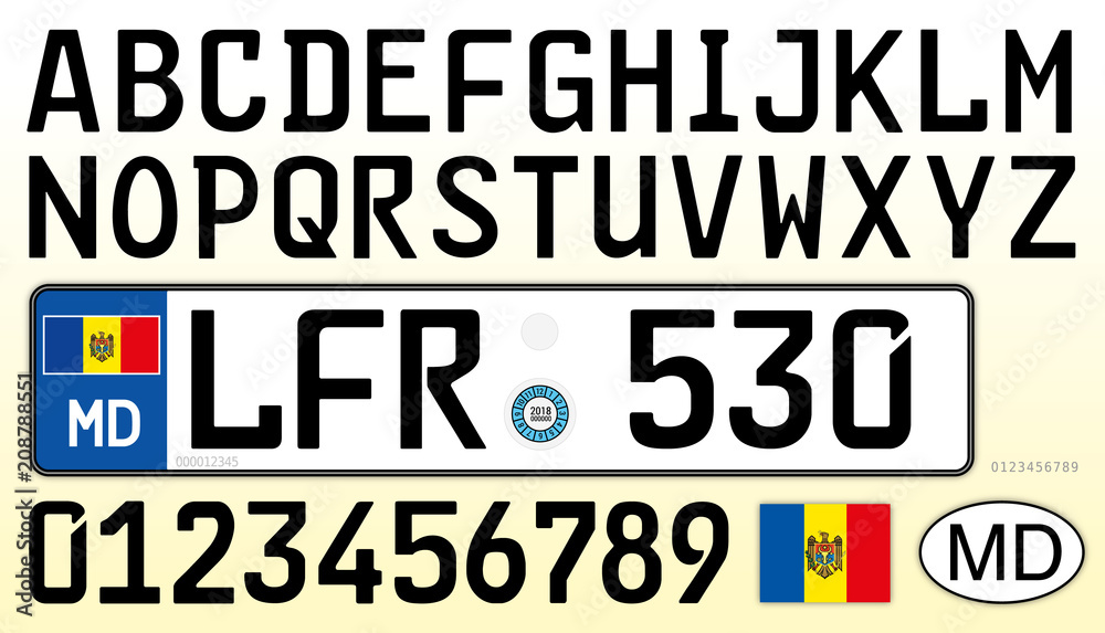 Moldova car plate, letters, numbers and symbols, new design