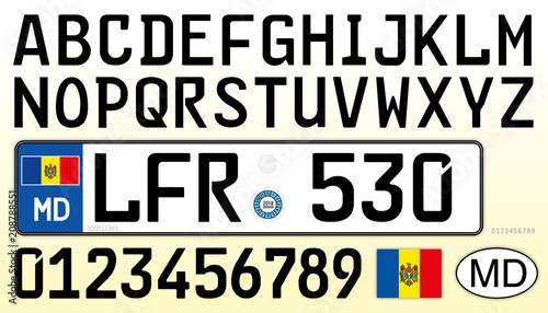 Moldova car plate, letters, numbers and symbols, new design