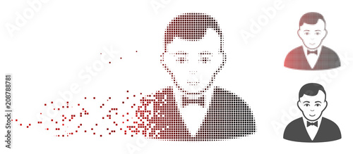 Vector dealer icon in fractured, dotted halftone with red to black horizontal gradient and undamaged entire versions. Disintegration effect involves rectangle sparks.