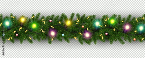 Christmas and New Year border of realistic branches of Christmas tree, garland, serpentine