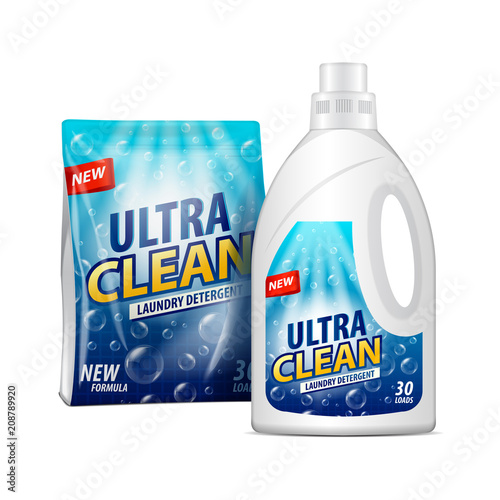 White package and bottle with label design. Laundry detergent package template. Chemical pack vector 3d illustration