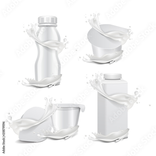 Vector round white gloss pot and plastic bottle with splash of milk. For dairy products yogurt, cream, dessert or jam. Vector realistic packaging mockup template