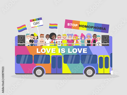 LGBTQ parade. Homosexuality. Equality. Diversity. Colourful double decker bus. Demonstration. Pride. Rainbow flags. Gay, lesbian, bisexual, transgender. Flat editable vector illustration, clip art