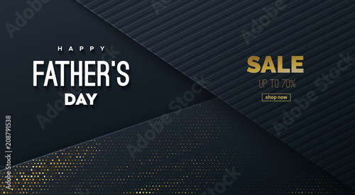 Happy Fathers Day. Vector holiday illustration. Abstract black background with paper layers and congratulation label. Fathers Day Sale banner or web layout design