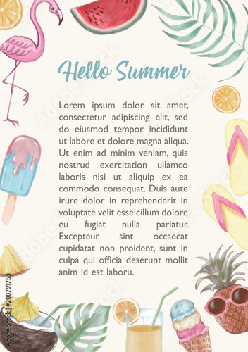 Summer banner template. Flyer, advertisement, card with cartoon vacation illustrations, doodle drawing, stylized objects on the border. Summer frame design.