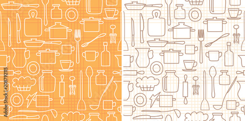 white and brown kitchenware on background with lines - vector seamless pattern