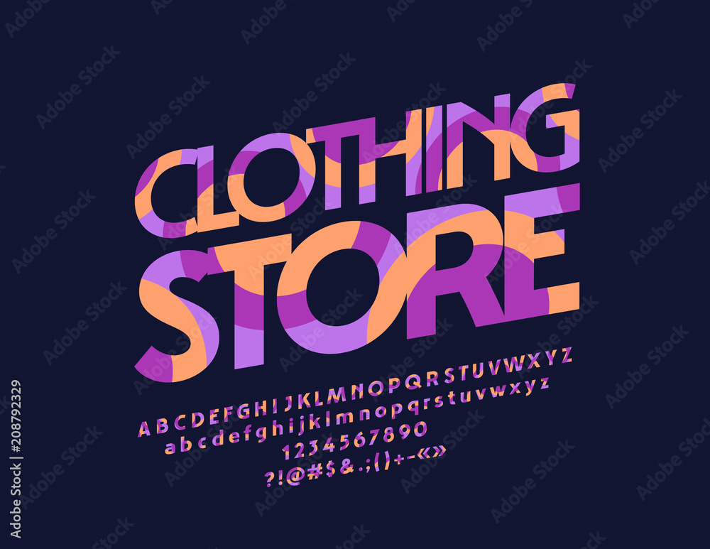 Vector abstract pattern logo Clothing Store. Font contains Graphic Style. Colorful Alphabet Letters, Numbers and Symbols