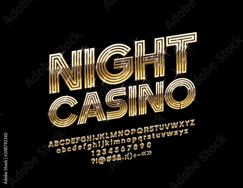 Vector Golden Night Casino label. Chic Font. Abstract pattern Alphabet Letter, Number and Symbol