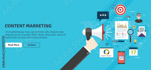 Content marketing, advertising and communication in business, digital content promotion. Hand holding megaphone with smartphone, email, people and target icons. Flat design vector illustration.