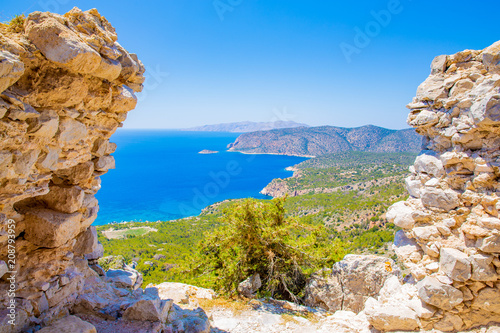 Scenic view out of a ruin by the sea, Mediterranean Sea, Rhodes Island, Greece