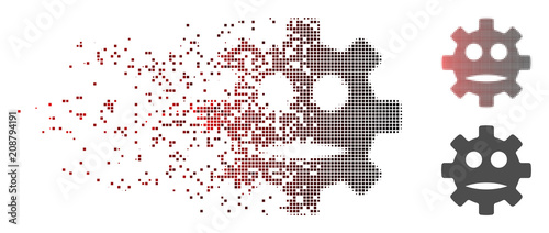 Vector gear sad smiley icon in fractured, dotted halftone with red to black horizontal gradient and undamaged whole versions. Disappearing effect uses square dots.