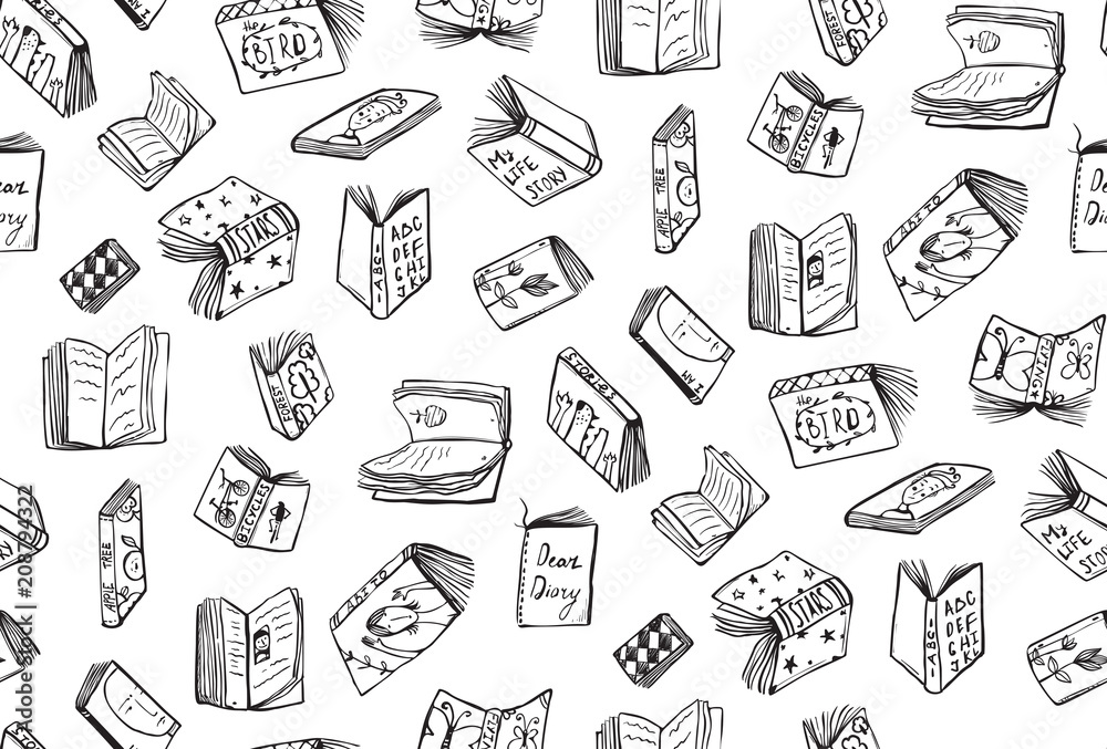 Obraz premium Seamless background of hand drawn black and white outline literature covers illustration.