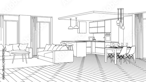 Modern house interior. Design project. Sketch. 3D rendering.