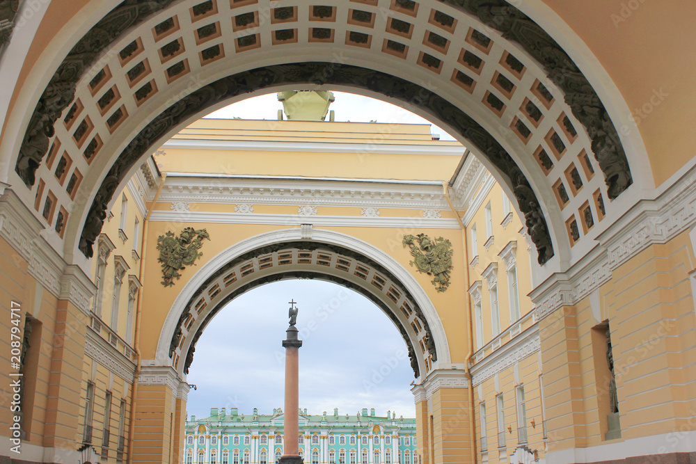 View to Palace Square from Triumphal Arch of General Staff Building in Saint Petersburg, Russia. Historic City Landmarks, Old Building Architecture of St. Petersburg City Center Close Up Wallpaper.