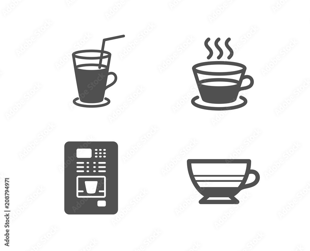 Set of Coffee cup, Cocktail and Coffee vending icons. Mocha sign. Tea mug, Fresh beverage. Quality design elements. Classic style. Vector Set of Coffee cup, Cocktail and Coffee vending icons. Mocha sign. Tea mug, Fresh beverage. Quality design elements. Classic style. Vector