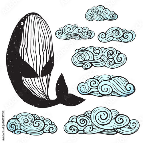 Outline monochrome whale and swirl clouds collection. Vector illustration.