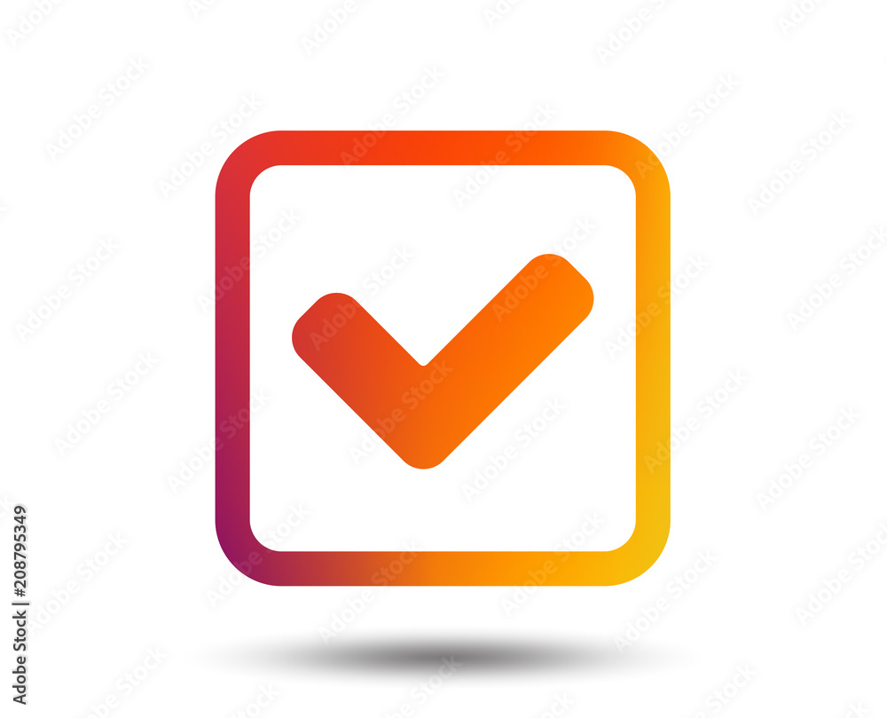Check mark sign icon. Yes square symbol. Confirm approved. Blurred gradient design element. Vivid graphic flat icon. Vector Check mark sign icon. Yes square symbol. Confirm approved. Blurred gradient design element. Vivid graphic flat icon. Vector