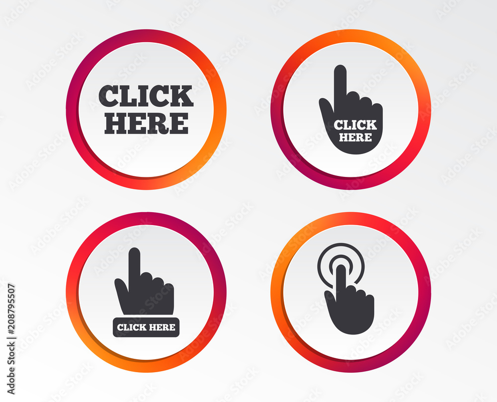 Click here icons. Hand cursor signs. Press here symbols. Infographic design buttons. Circle templates. Vector