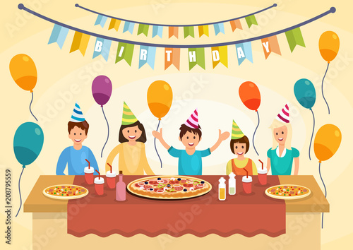 Cartoon happy family is eating pizza for birthday