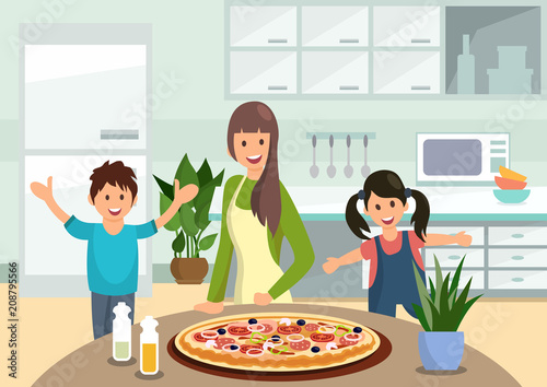 Cartoon mother feeds children with cooked pizza