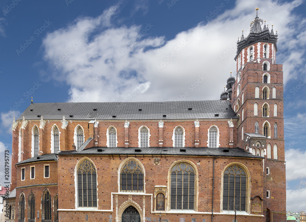 Gothic Saint Mary Basilica in city center of Krakow, Poland
