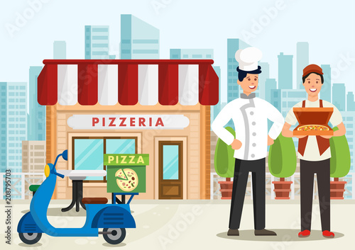 Cartoon pizzaiolo is standing next to pizza