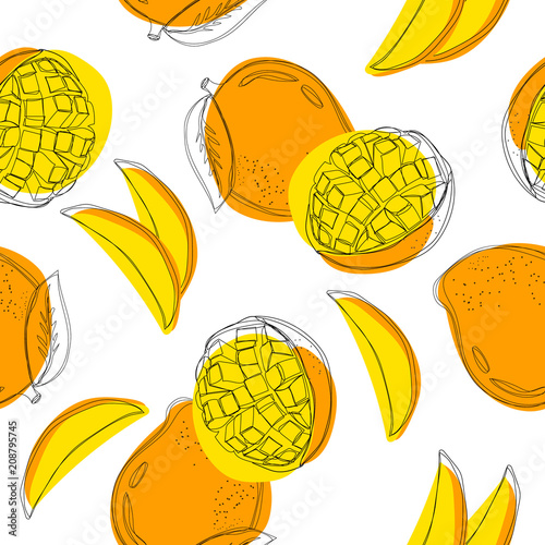 Mango seamless pattern. Continuous line hand drawn vector illustration.