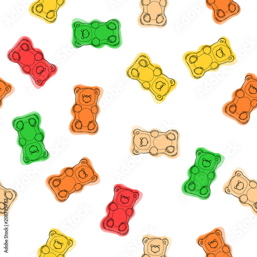 Gummy bears candies hand drawn seamless colorful pattern. Gummy bears candies background. Vector pattern.
