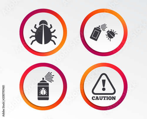 Bug disinfection icons. Caution attention symbol. Insect fumigation spray sign. Infographic design buttons. Circle templates. Vector