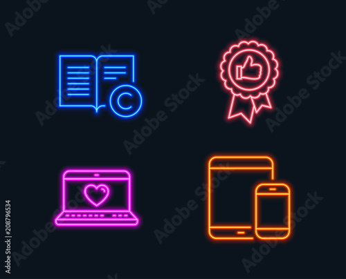 Neon lights. Set of Positive feedback, Web love and Ð¡opyright icons. Mobile devices sign. Award medal, Social network, Copywriting book. Smartphone with tablet.  Glowing graphic designs. Vector photo