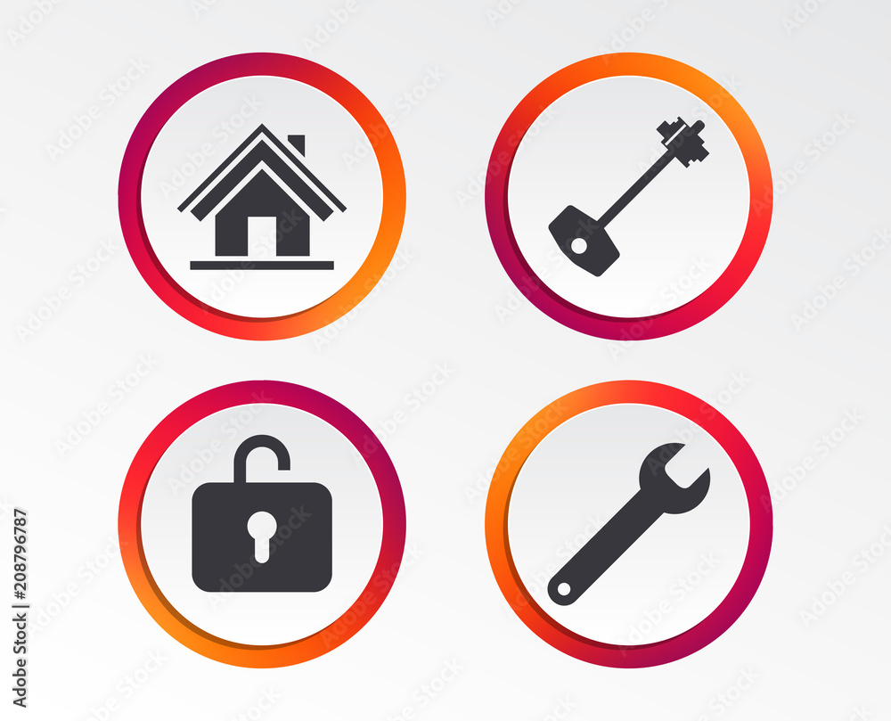 Home key icon. Wrench service tool symbol. Locker sign. Main page web navigation. Infographic design buttons. Circle templates. Vector Home key icon. Wrench service tool symbol. Locker sign. Main page web navigation. Infographic design buttons. Circle templates. Vector