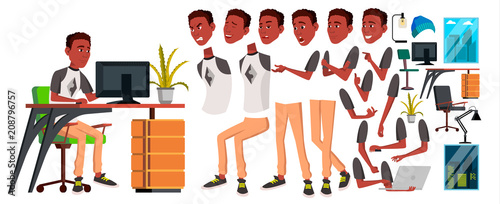Office Worker Vector. Animation Creation Set. Black. African. Emotions, Gestures. Animated Elements. Office Generator. Businessman Human. Modern Cabinet Employee, Workman Laborer. Cartoon Illustration