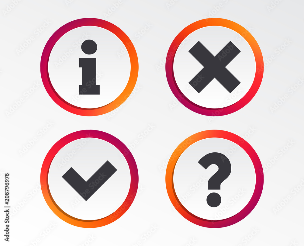 Information icons. Delete and question FAQ mark signs. Approved check mark symbol. Infographic design buttons. Circle templates. Vector Information icons. Delete and question FAQ mark signs. Approved check mark symbol. Infographic design buttons. Circle templates. Vector