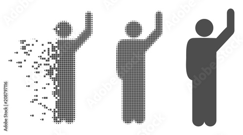 Grey vector hitchhike pose icon in dispersed, pixelated halftone and undamaged entire variants. Disappearing effect involves rectangle particles. Cells are grouped into dispersed hitchhike pose shape.