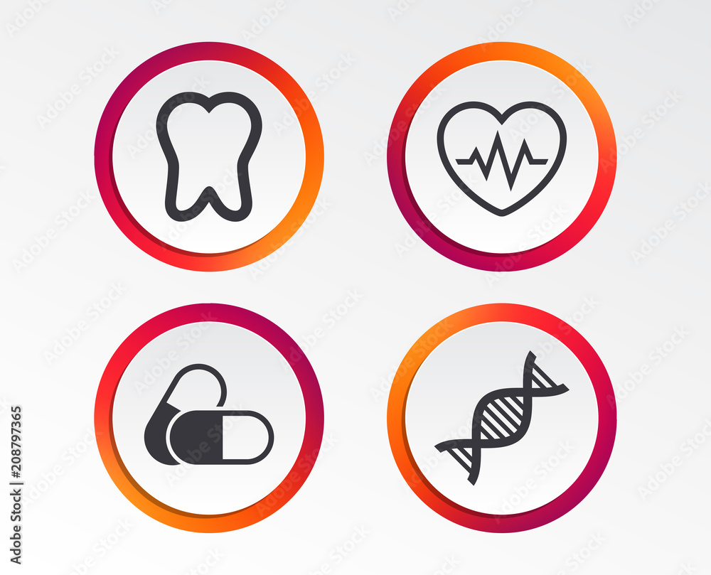 Maternity icons. Pills, tooth, DNA and heart cardiogram signs. Heartbeat symbol. Deoxyribonucleic acid. Dental care. Infographic design buttons. Circle templates. Vector Maternity icons. Pills, tooth, DNA and heart cardiogram signs. Heartbeat symbol. Deoxyribonucleic acid. Dental care. Infographic design buttons. Circle templates. Vector