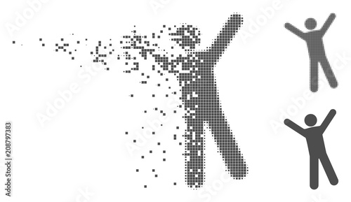 Grey vector man joy icon in dissolved, dotted halftone and undamaged solid variants. Disappearing effect involves rectangular dots. Pieces are composed into dissipated man joy figure.