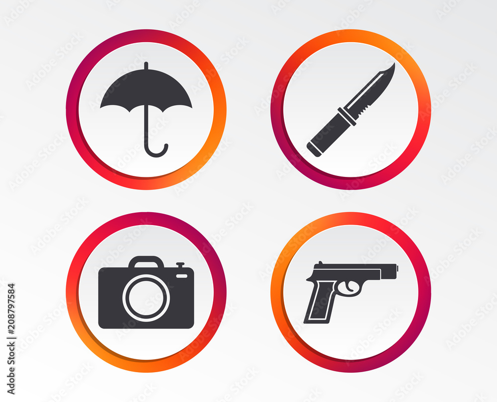 Gun weapon icon.Knife, umbrella and photo camera signs. Edged hunting equipment. Prohibition objects. Infographic design buttons. Circle templates. Vector Gun weapon icon.Knife, umbrella and photo camera signs. Edged hunting equipment. Prohibition objects. Infographic design buttons. Circle templates. Vector
