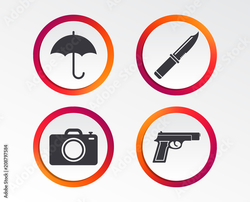 Gun weapon icon.Knife, umbrella and photo camera signs. Edged hunting equipment. Prohibition objects. Infographic design buttons. Circle templates. Vector