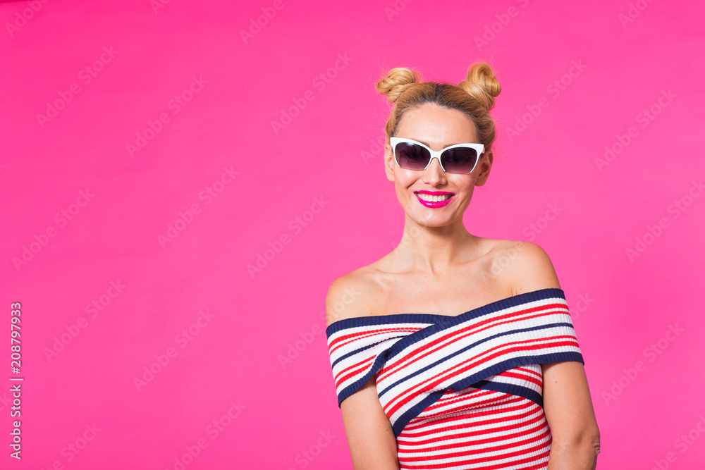 travel, vacation, summer holidays concept - portrait of happy young woman in sunglasses on pink background with copyspace travel, vacation, summer holidays concept - portrait of happy young woman in sunglasses on pink background with copyspace